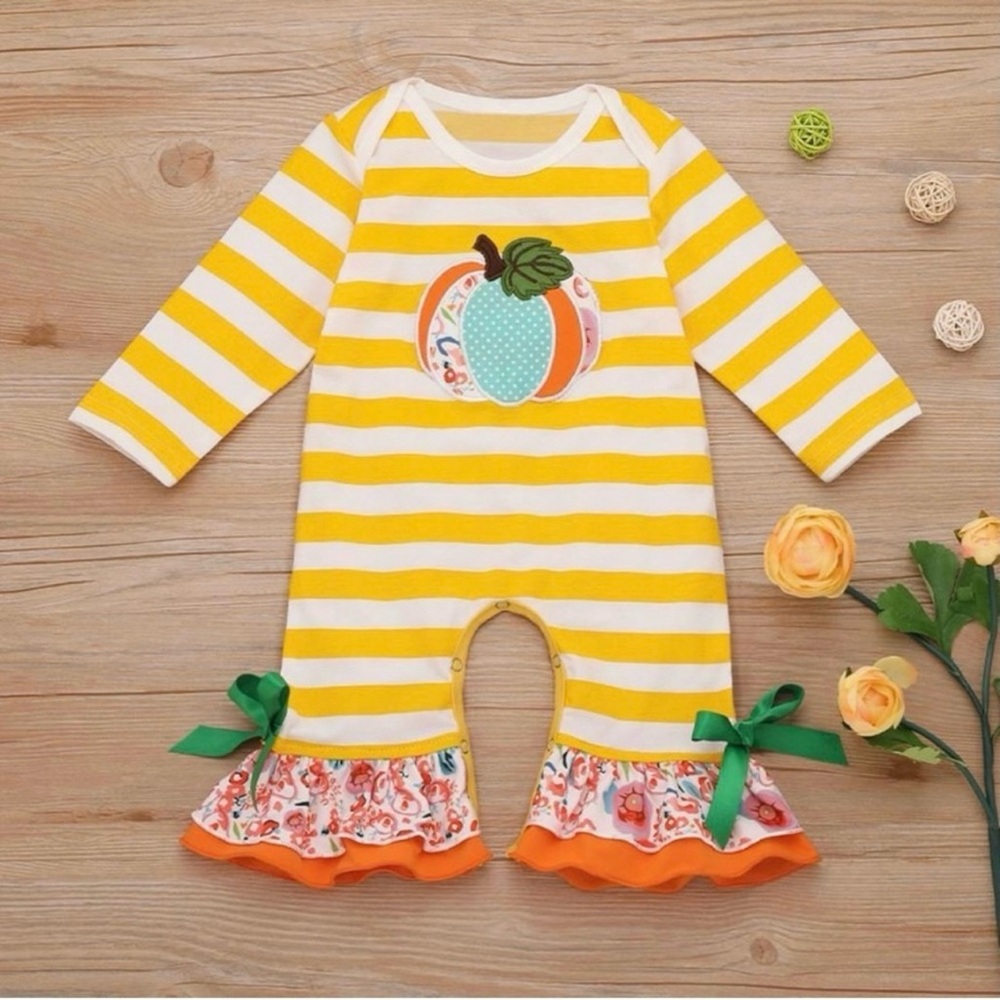 Baby Girl Halloween Pumpkin Long-Sleeve Bell Bottom Romper, Size 9-12m